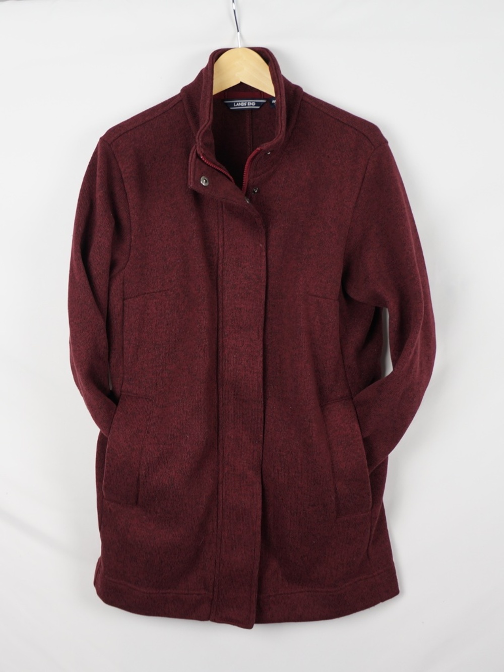 Lands End Hip-Length Fleece Cardigan Full Zip Jacket, Dark Red, Medium Petite